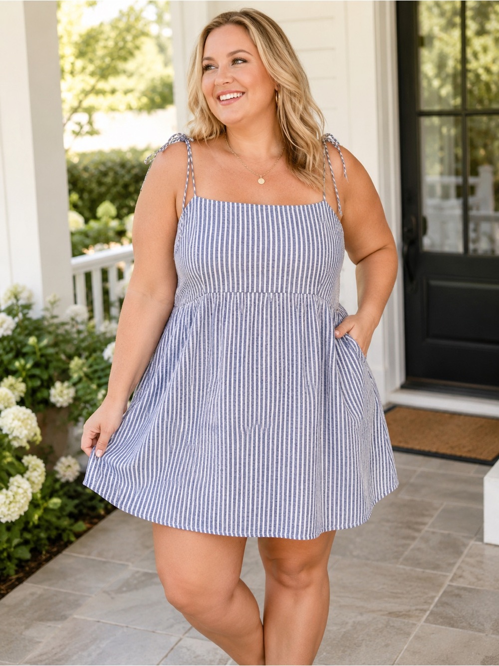 Old Navy XXL Blue & White Striped Linen Blend Tie Strap Mini Dress Cottagecore